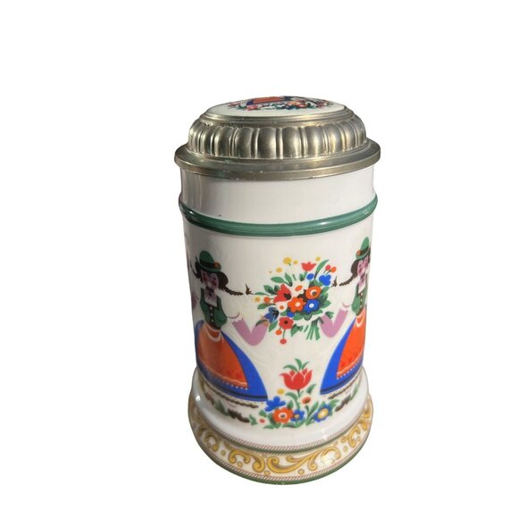 Vintage German BMF W. Germany Loving Couple Beer Stein With Pewter Lid Folk Art - Picture 3 of 9